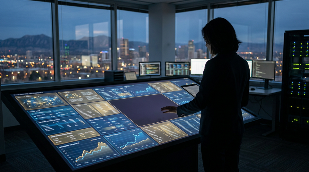 person analyzing data on a large interactive digital table for content gap analysis, city lights visible outside.