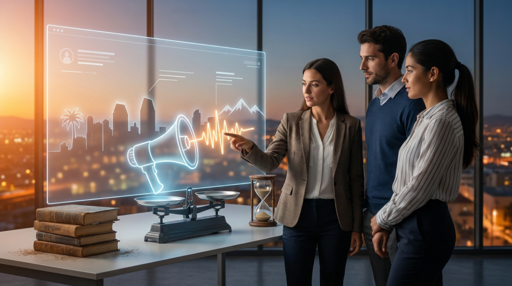 three business professionals discussing brand voice importance projected on a transparent screen.