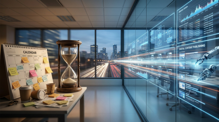 office desk with calendar, hourglass, and digital content velocity marketing displays on window overlooking city.