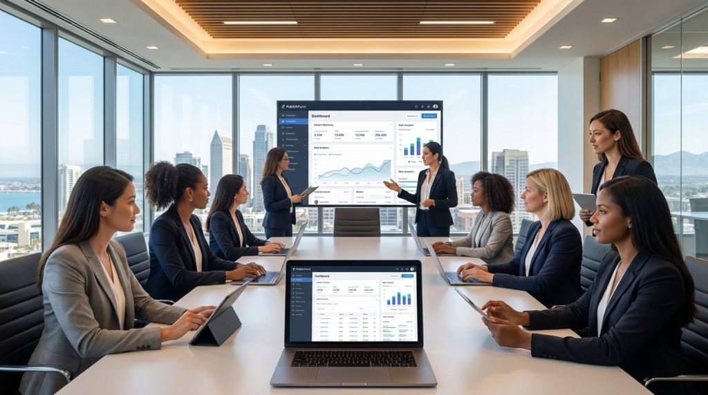 diverse women in content marketing collaborating in a modern conference room with a city view.