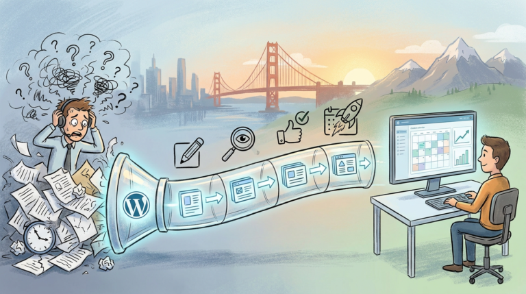 frustrated man using wordpress workflow automation to streamline tasks into a content calendar.