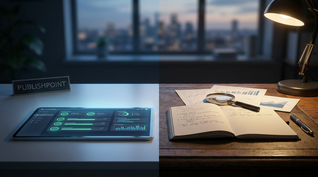 a vibrant tablet displaying digital seo metrics next to a notebook, pen, charts, and magnifying glass on a desk, representing yoast seo vs manual optimization.