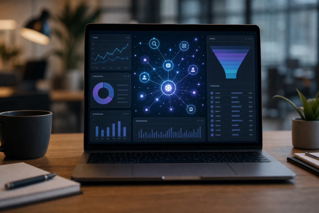 laptop screen displaying a network diagram and various data analytics for ai seo campaign tracking.