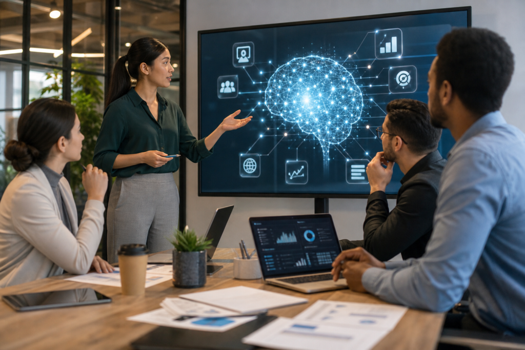 a presenter explaining ai literacy for marketers to a diverse business team in a boardroom.