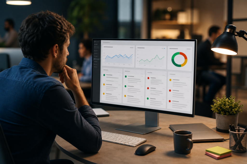 man reviewing a content quality tracking system dashboard on a monitor in an office.