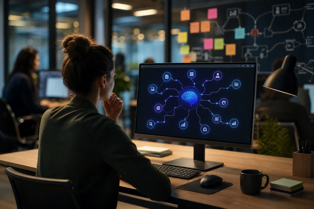 woman viewing ai seo tool integration interface with a brain icon and connected symbols on a monitor