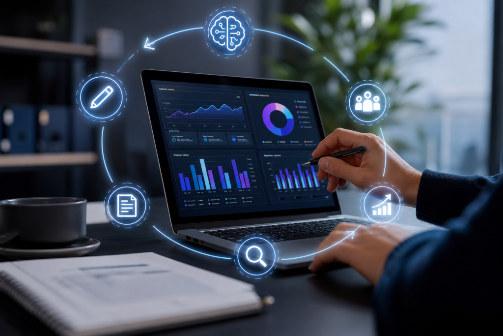 person using laptop with glowing ai content creation optimization icons for data analysis.