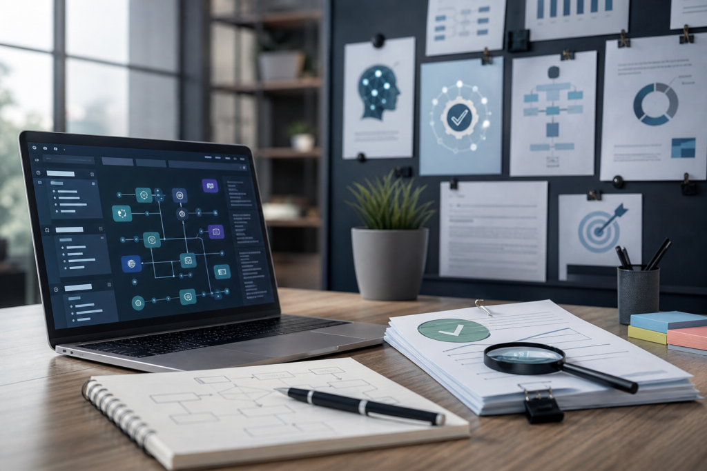 laptop displaying a flowchart, documents, and whiteboard for documentation standards best practices.