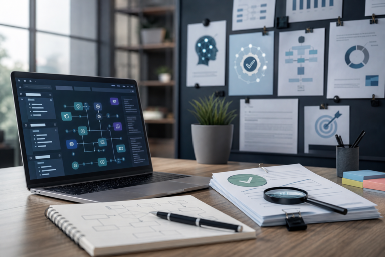 laptop displaying a flowchart, documents, and whiteboard for documentation standards best practices.