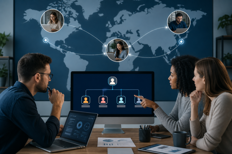 three people collaborate in an office, reviewing a screen displaying a team hierarchy and global connections, illustrating distributed team content ownership.