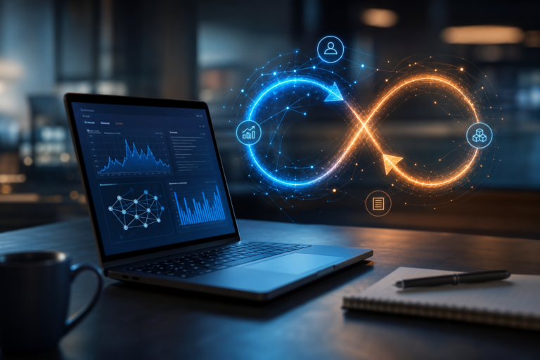 laptop displaying data analytics with a glowing infinity symbol representing ai feedback loops for content.