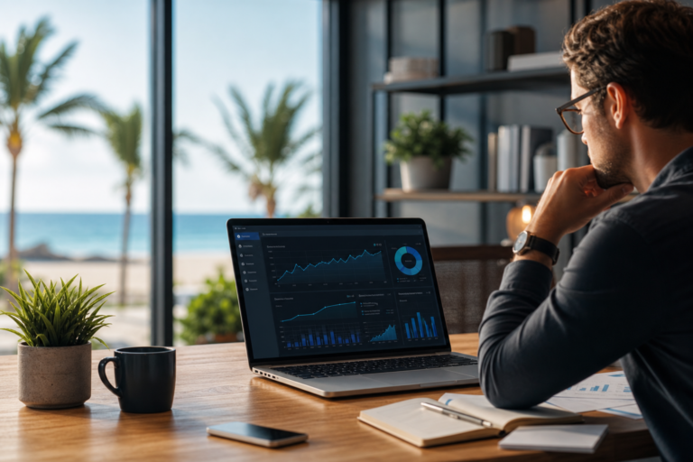 man at a desk with a laptop displaying an ai seo platform pivots dashboard, overlooking a beach.