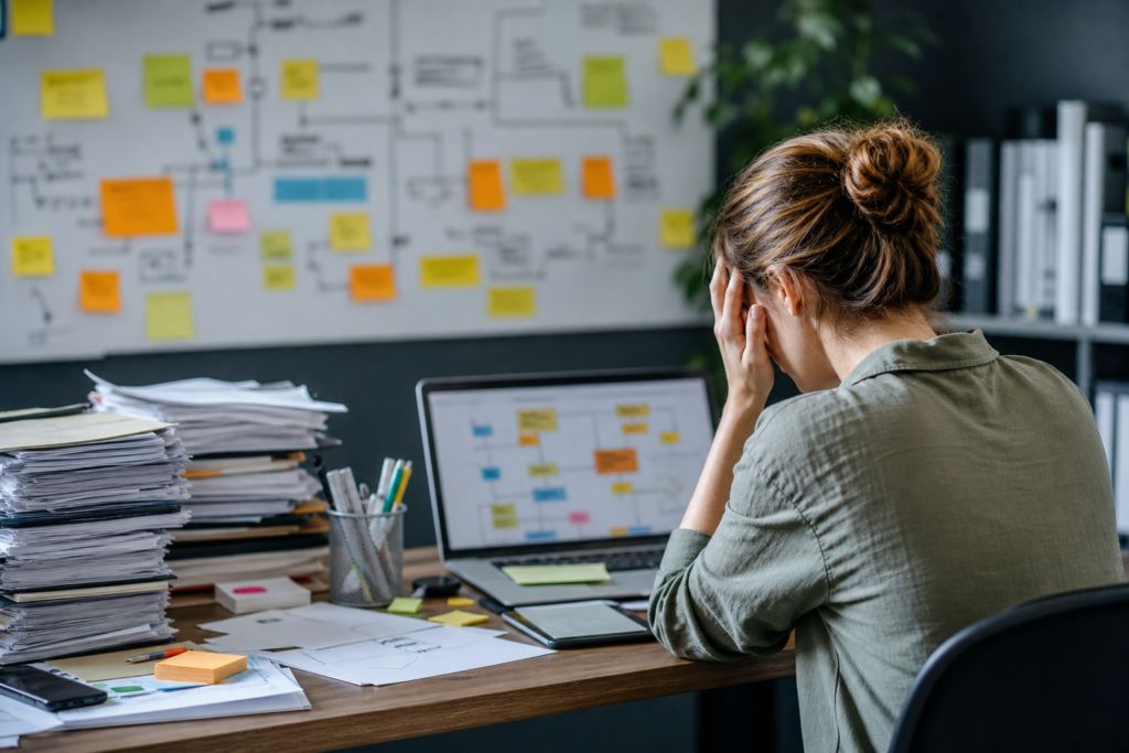 frustrated person experiencing content creation bottlenecks, hands on head, looking at a laptop with a flowchart.