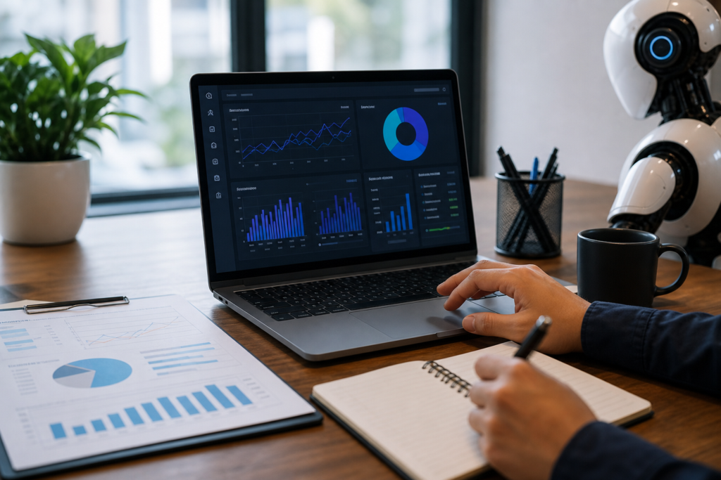 person analyzing ai seo tools performance on a laptop with charts and a robot.