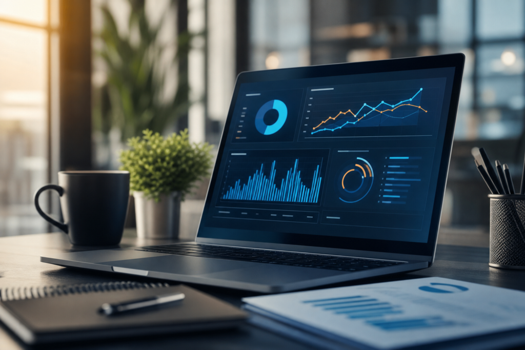 laptop displaying various digital charts and graphs, representing ai tool performance metrics.