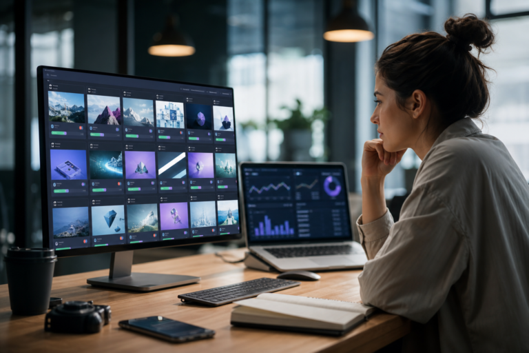 woman using ai content iteration tools, viewing a gallery of generated images on desktop and analytics on laptop.