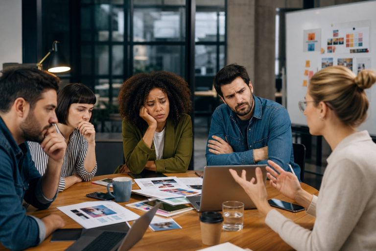 diverse creative team discussing ai adoption in a meeting, some looking concerned.