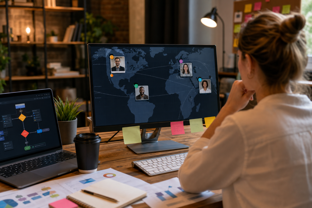 woman viewing content approval workflow speed on a world map monitor with colleagues' photos.