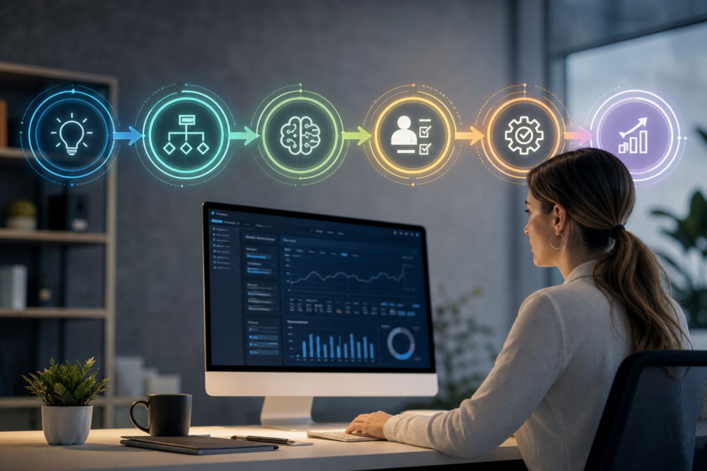 woman at computer showcasing ai content workflow implementation with glowing process icons.
