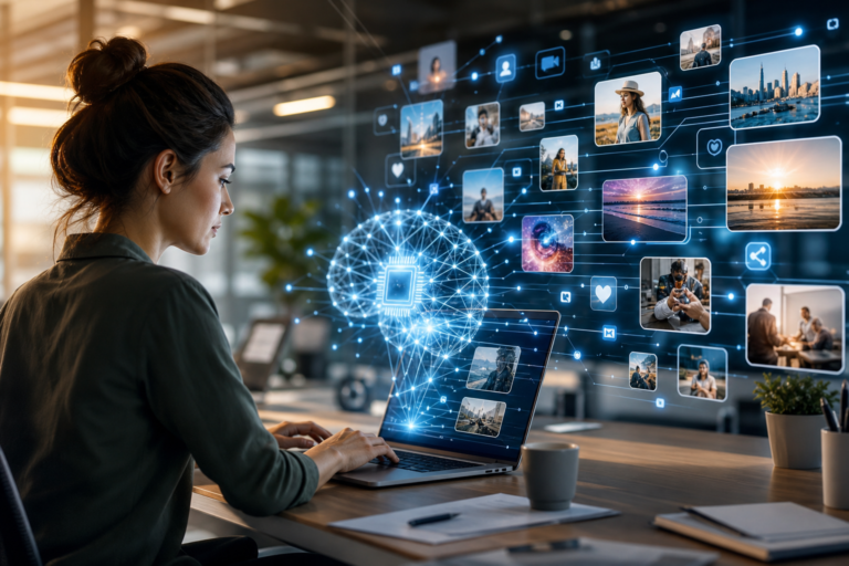 woman using laptop for ai social media content generation with glowing brain and media icons.