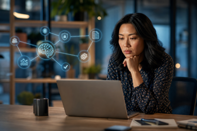woman watching laptop with ai network overlay, signifying ai writing tool adoption.