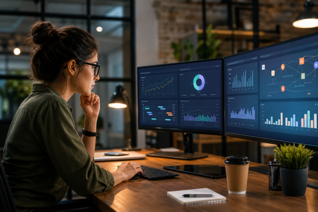 woman monitoring content creation velocity tracking data on dual computer screens.