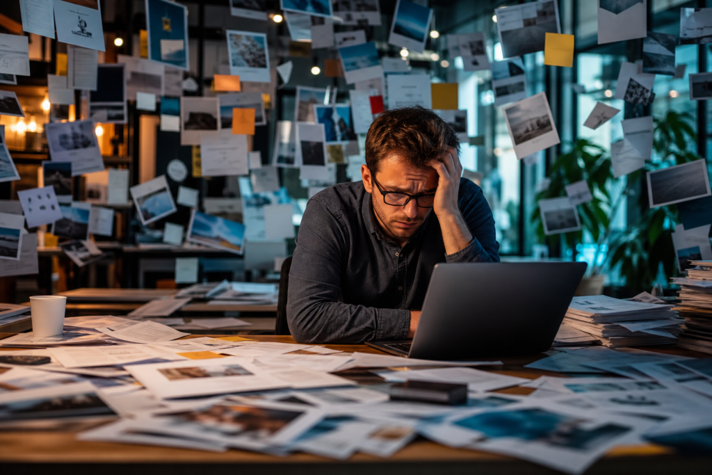 stressed man at laptop in messy office, seeking brand voice consistency at scale.