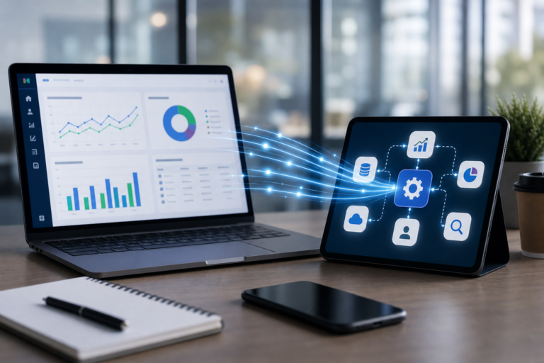 laptop with data dashboard and tablet illustrating seo tool api integration with glowing blue lines.
