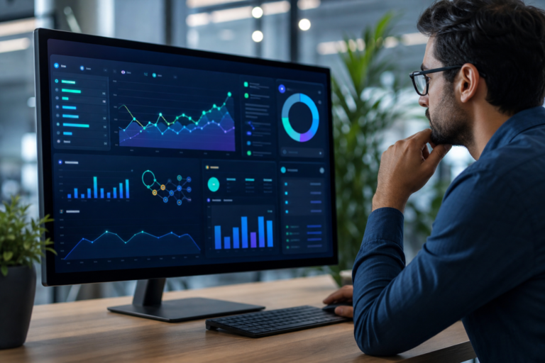 man analyzing various data dashboards on a computer screen for ai campaign tracking insights.