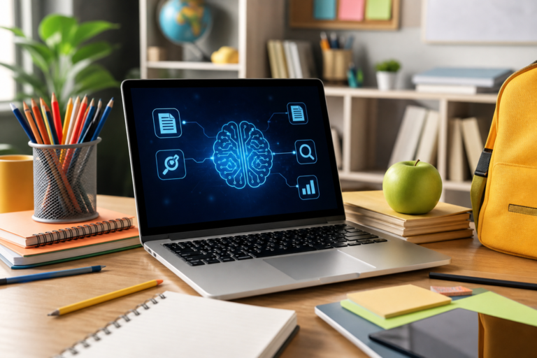 laptop screen displaying ai brain graphic for ai seo content planning, with desk supplies and green apple.