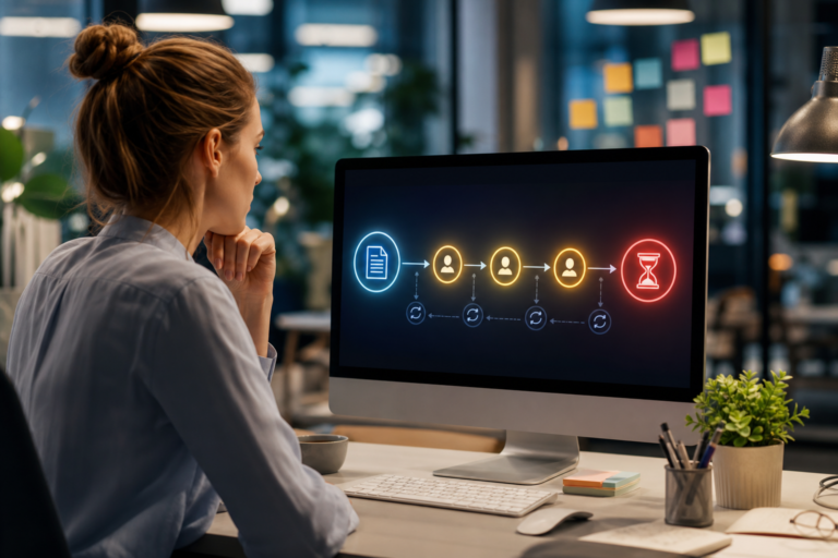 woman reviews ai seo content approval workflow on a computer monitor in an office setting.