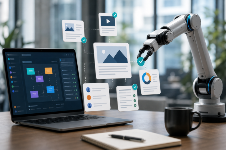 robotic arm interacting with floating content cards and laptop displaying workflow for brand voice consistency automation.