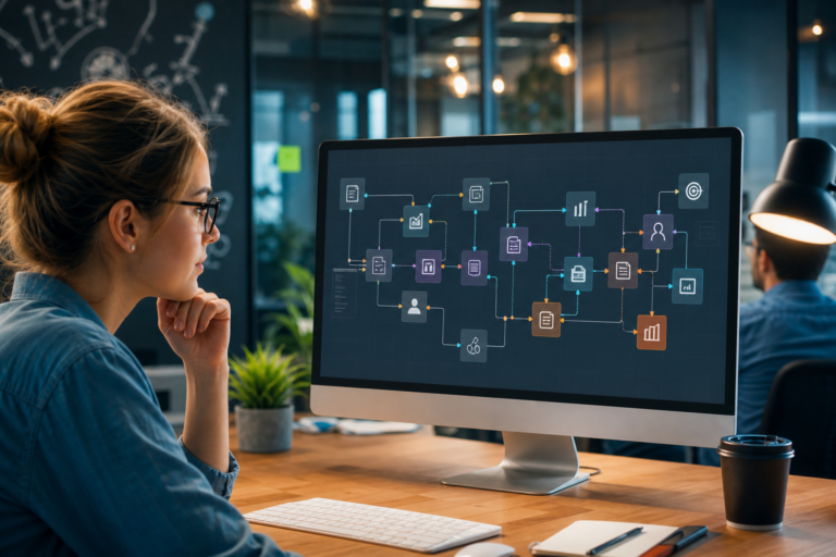woman analyzing an ai content workflow automation flowchart on a computer screen in an office.