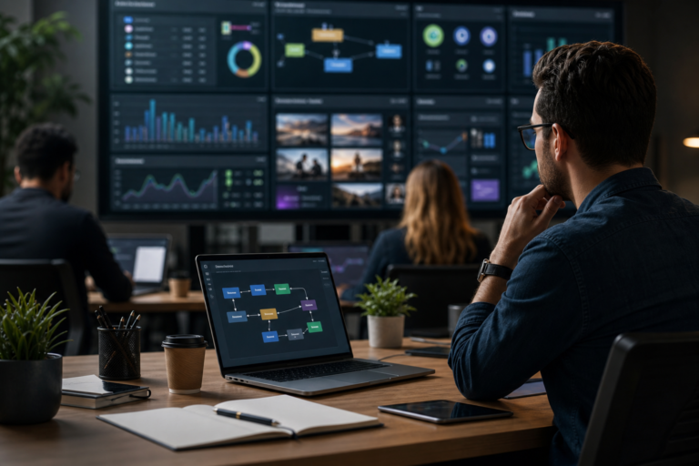 man viewing content workflow automation quality control dashboards on laptop and large screen.