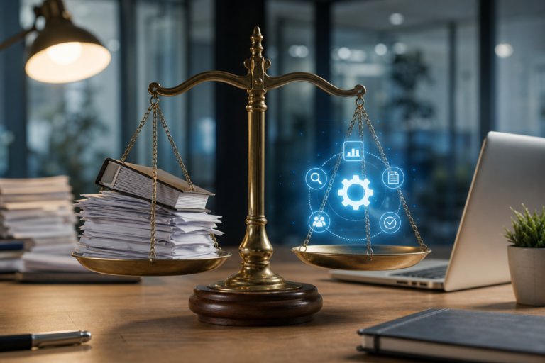 brass scales balancing stacks of paper and books against glowing ai content automation roi icons.