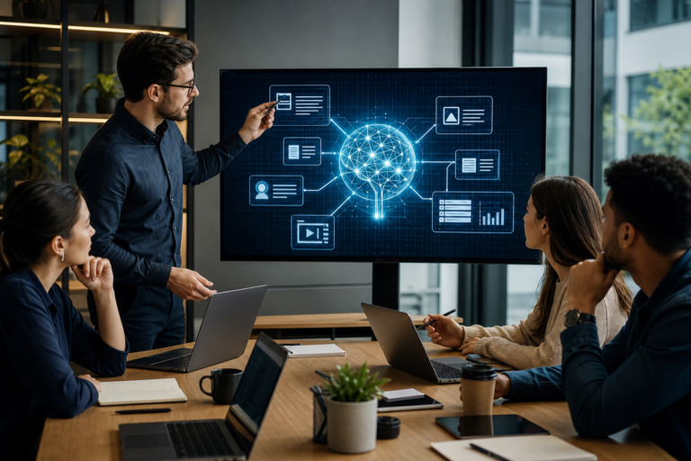 man giving an ai content marketing training session to colleagues in a modern office.