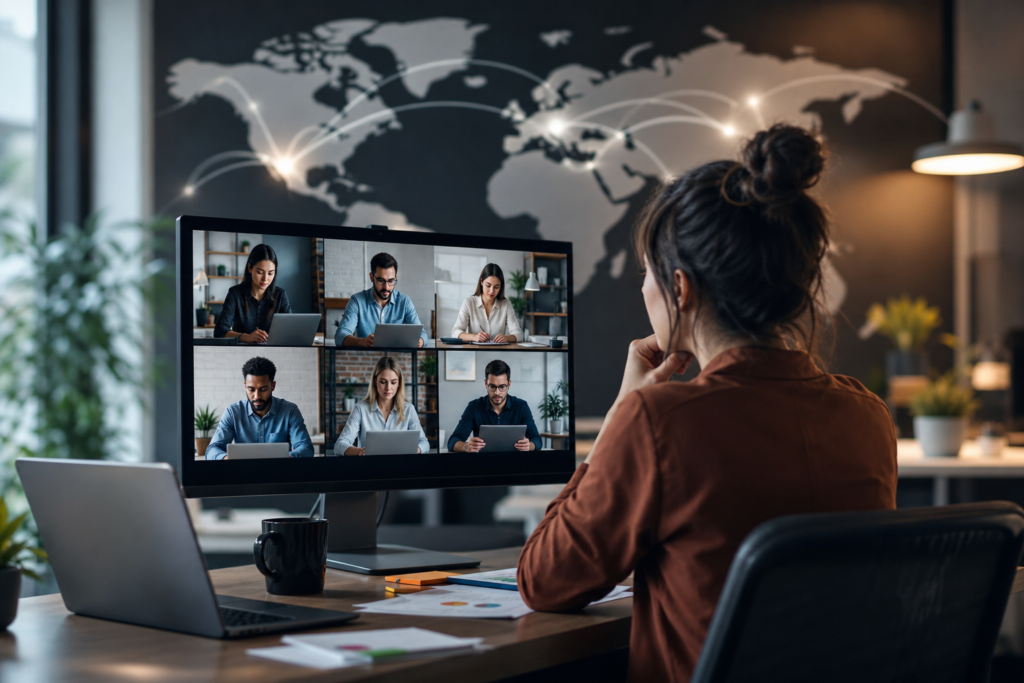 woman viewing video call with global map backdrop, illustrating ai agents content coordination.