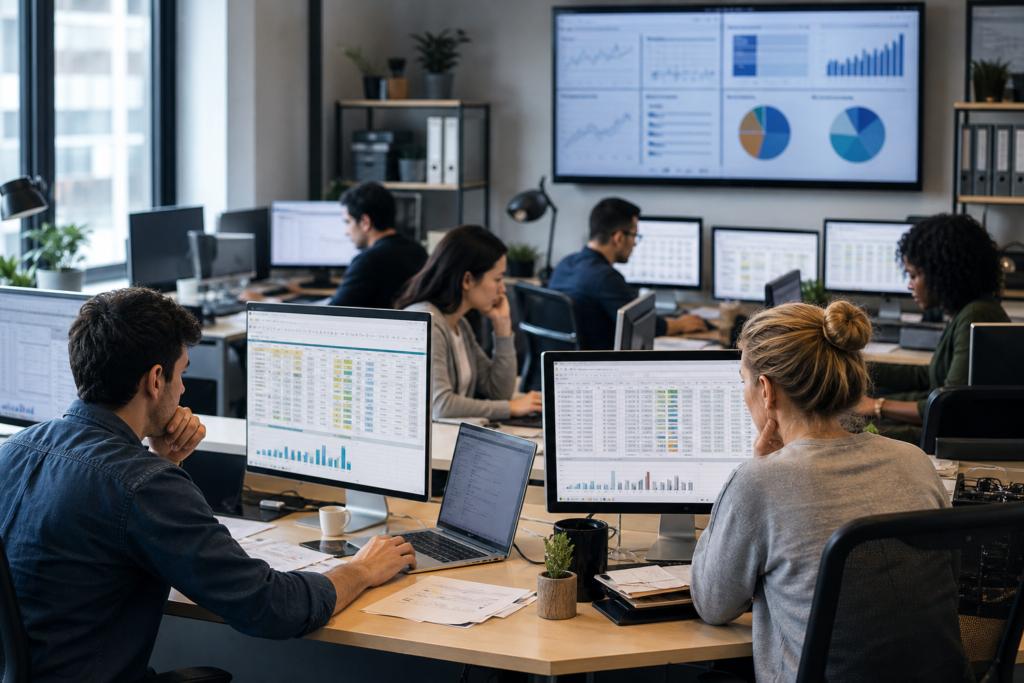 marketing professionals performing multi-client keyword research management in a modern office with data dashboards.
