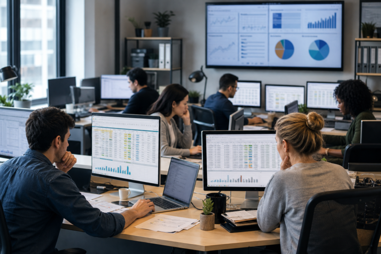 marketing professionals performing multi-client keyword research management in a modern office with data dashboards.