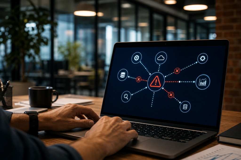 person typing on laptop, screen displays network diagram with central warning and api integration failures.