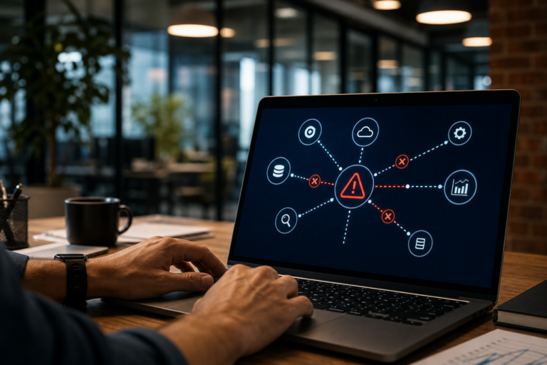 person typing on laptop, screen displays network diagram with central warning and api integration failures.
