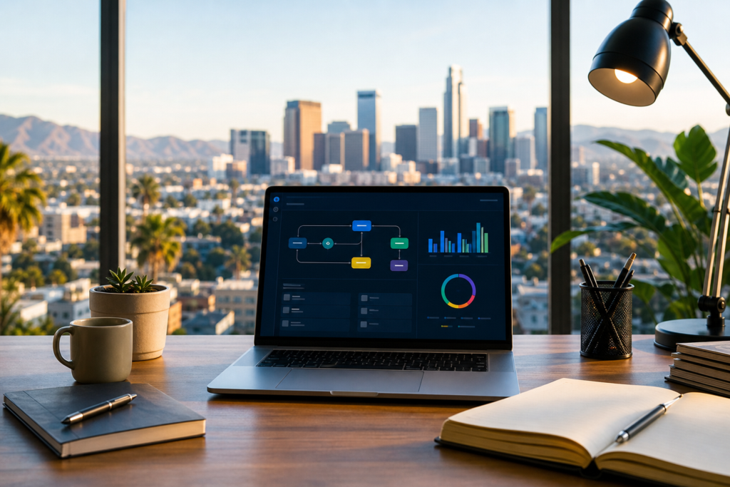 laptop on desk with data analytics dashboard for september content strategy, overlooking city skyline.