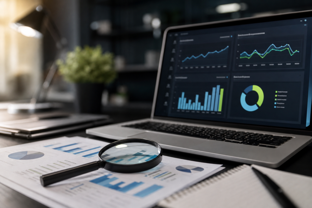 laptop displaying content performance metrics seo graphs and charts, with magnifying glass on papers.