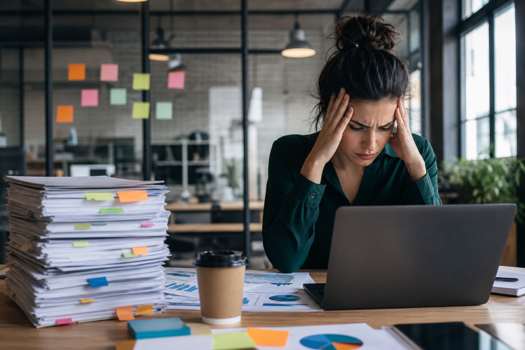 stressed woman overwhelmed by paperwork, laptop, and charts, needing content workflow automation.