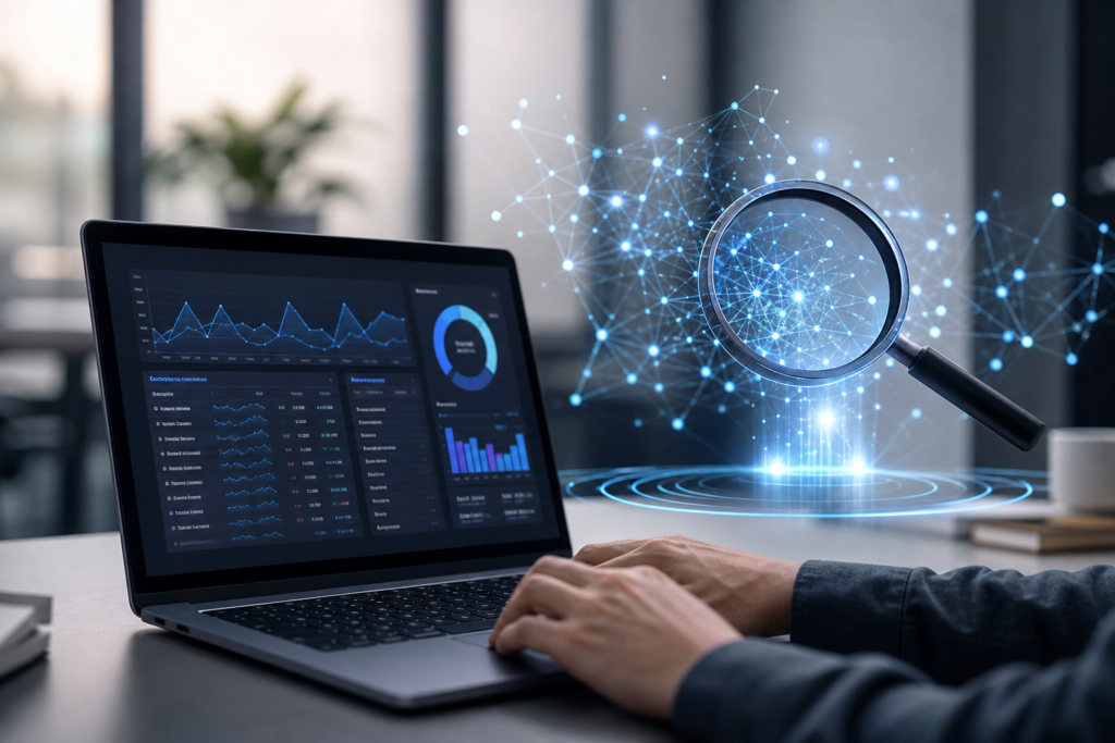 hands typing on a laptop displaying data dashboards with a floating magnifying glass over a glowing ai keyword discovery tool network.