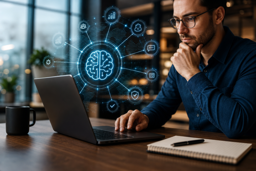 man working on laptop with ai brain graphic for ai brand voice consistency.