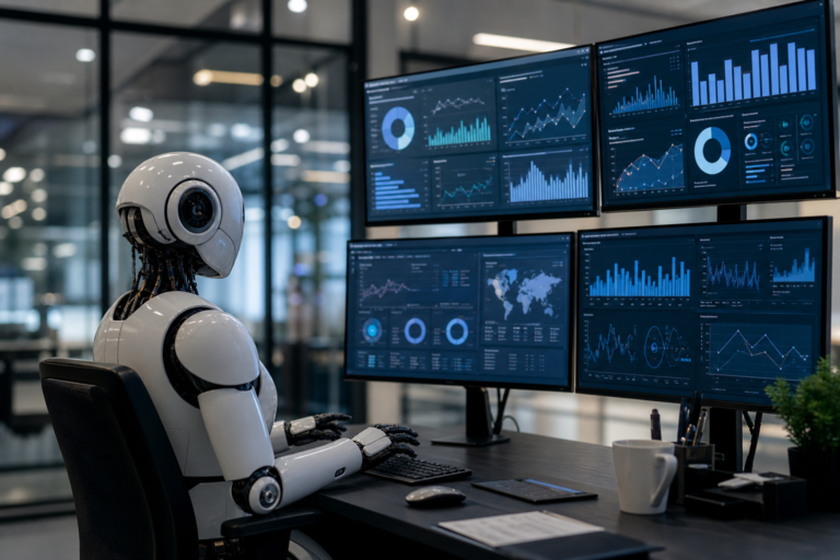 robot at a desk typing on a keyboard, with multiple screens displaying data for ai content creation tracking.