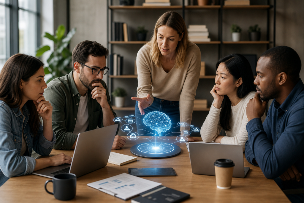 diverse team discussing ai adoption strategies for teams with a holographic brain model.