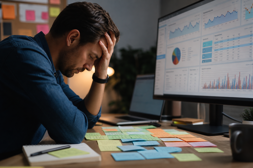 stressed man with sticky notes and dashboard, needing automated seo content planning help.