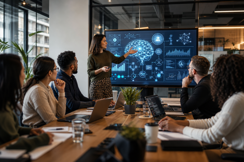 woman presenting ai seo platform training to attentive colleagues in a modern meeting room.